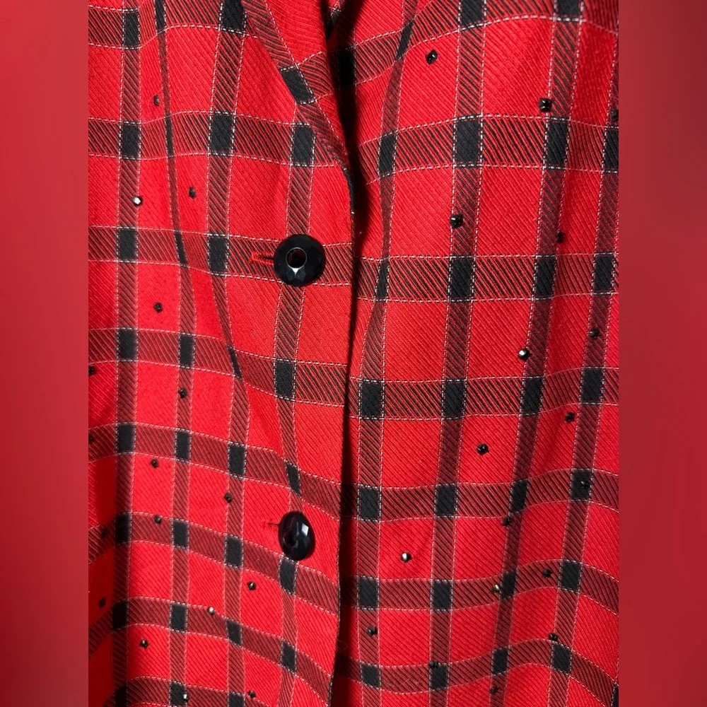 Maxamum vintage red and black plaid blazer with black rhinestone‎ embellishments